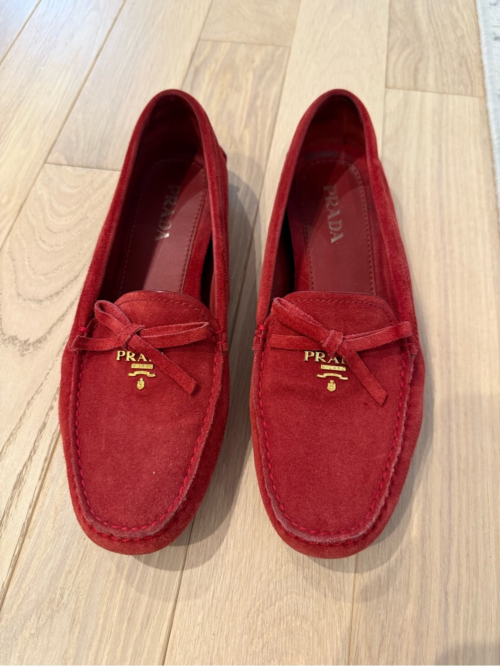 Prada Gold Logo on Red Suede Interior